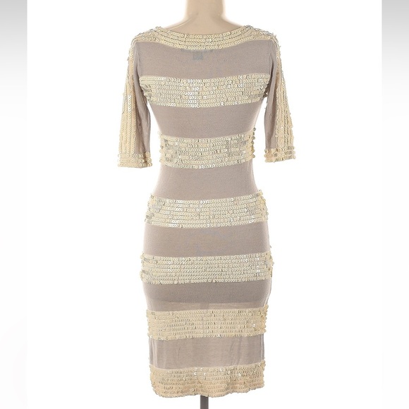 French Connection Tan & Cream Tiered Sequin Wool Blend Midi Dress Size 6 Small S - Picture 2 of 6